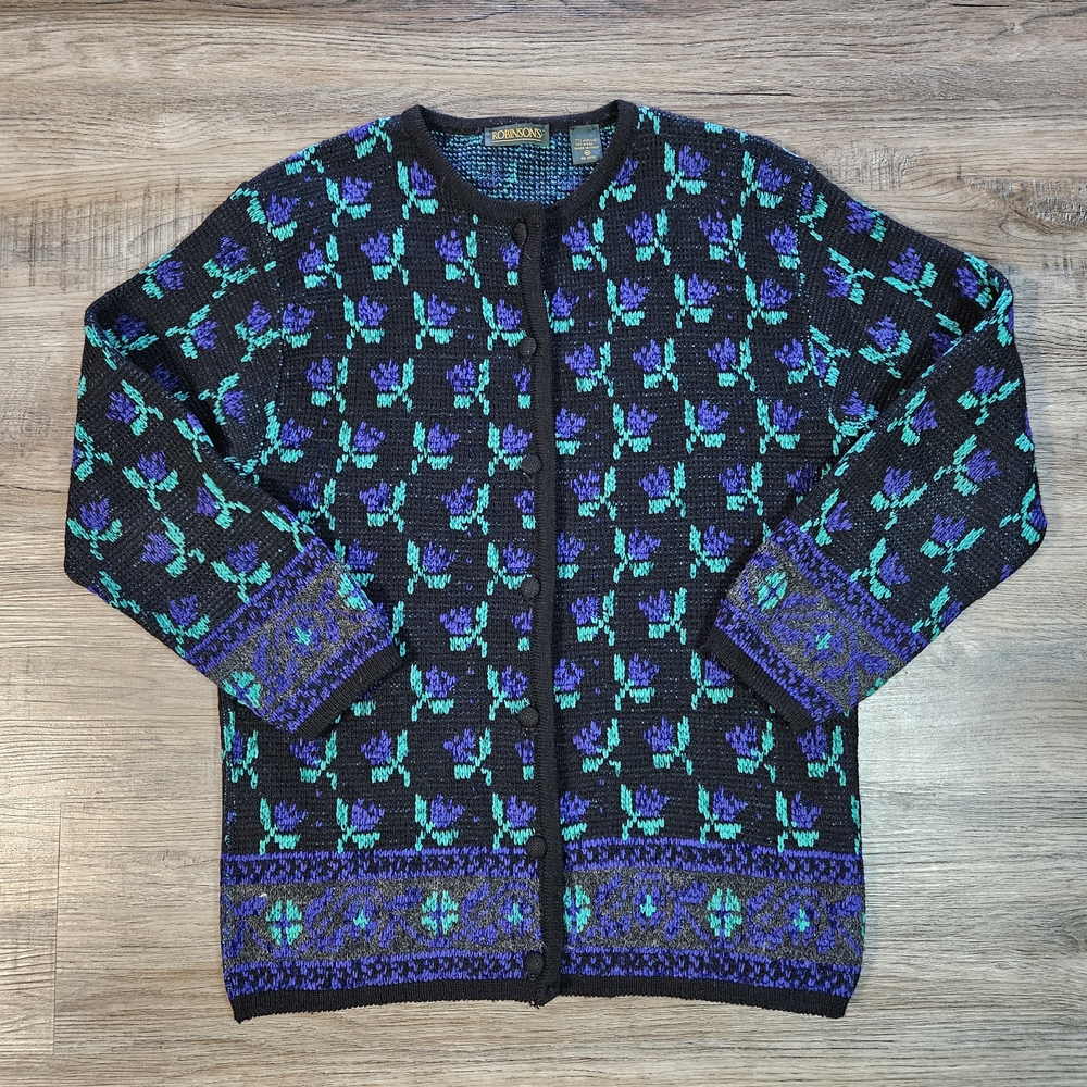 Vintage Robinsons‎ Purple Rose Patterned Sweater Cardigan
